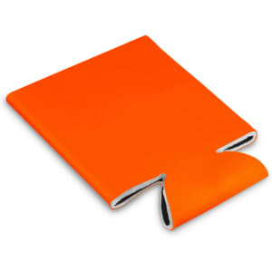 An orange stubby cooler with a contrasting inner colour, featuring an opening for easy access to a drink bottle.
