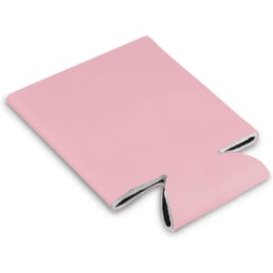 A pink stubby cooler with a cut-out design on the top. It has a soft inner lining and features a logo.