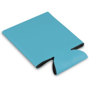 A budget stubby cooler in a light blue colour, featuring a sleek design and a black interior.