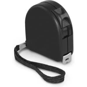 A black locking tape measure with a retractable tape and a wrist strap.