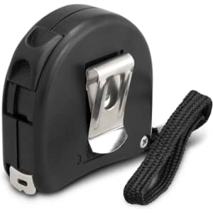 A locking tape measure featuring a sturdy black casing, a metal clip for attachment, and a textured strap for grip.
