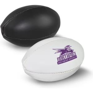 A mini rugby ball set featuring a black ball and a white ball with a logo. Both balls have a smooth surface.