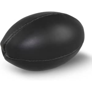 A black mini rugby ball featuring a smooth leather texture and stitched detailing.