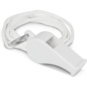 A white sports whistle attached to a cord for easy carrying, featuring a silver keyring loop.