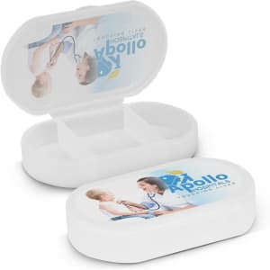 A white pill box with a hinged lid, featuring a logo and an image on the top. It has two compartments inside.
