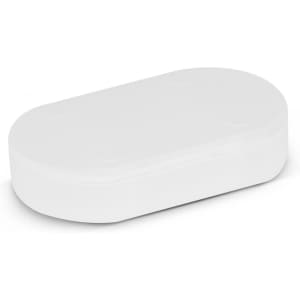 A pill box in an oval shape, featuring a smooth white surface and a compact design.