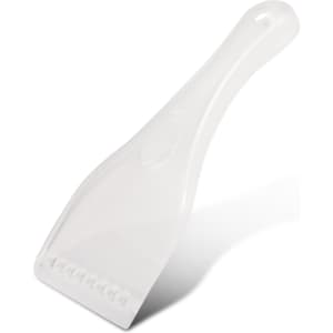 A transparent ice scraper with a curved handle and a serrated edge for removing ice.
