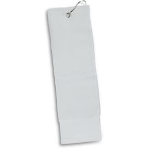 A golf towel featuring a solid white design, complete with a hanging loop for easy attachment.