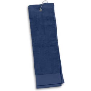 A dark blue golf towel with a hanging loop for easy attachment.