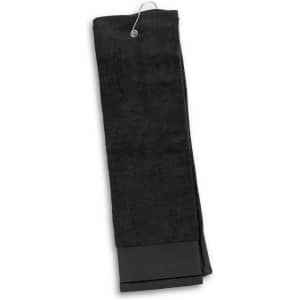 A black golf towel with a loop for easy hanging.