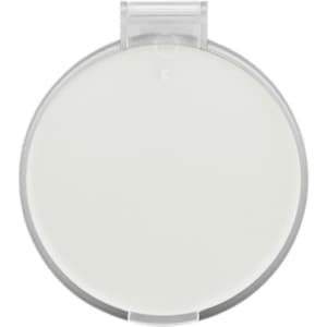 A compact mirror featuring a round design with a clear outer casing and a smooth, reflective surface.