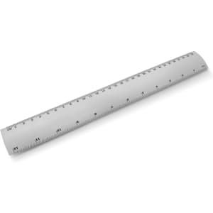A silver metal ruler, 30cm long, featuring clear measurements in both centimetres and millimetres, with a logo.
