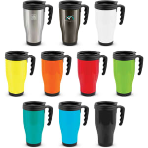 A range of travel mugs in silver, black, white, red, yellow, green, blue, and orange, each with a handle and lid.