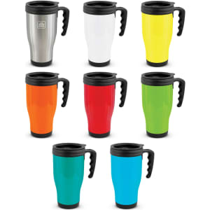 A collection of eight commuter travel mugs in various colours: silver, white, yellow, orange, red, green, blue, and teal. Each has a handle and a lid.