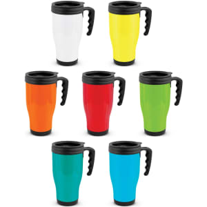 A drink bottle collection featuring seven travel mugs in white, yellow, orange, red, green, turquoise, and blue, each with a black handle.