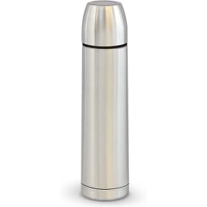 A drink bottle with a sleek silver stainless steel design, featuring a rounded top and a branding logo.