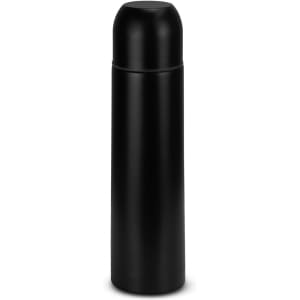 A drink bottle with a sleek black design and a rounded lid, featuring a 750ml capacity.