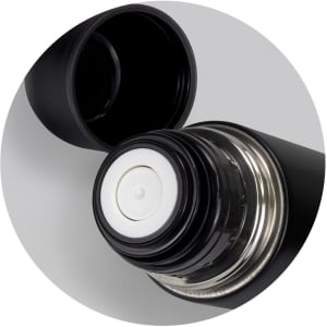 A drink bottle featuring a black exterior with a silver interior and a screw-on lid. The bottle has a logo.