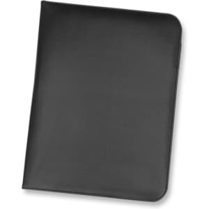 A black portfolio featuring a smooth surface and rounded edges. It has a logo on the front.