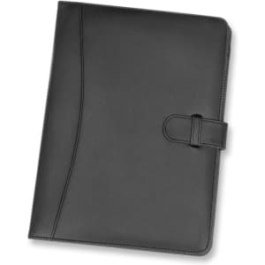 A black portfolio featuring a sleek design with a button closure and a calculator inside.
