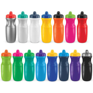 A drink bottle collection featuring various colours, including silver, white, yellow, orange, pink, green, blue, and purple.