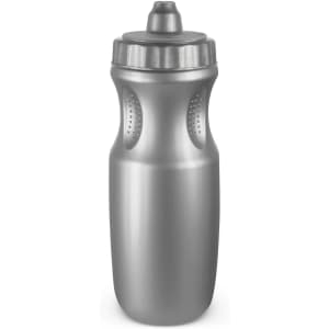 A drink bottle in silver with a textured grip and a spout top. It features a logo on the side.