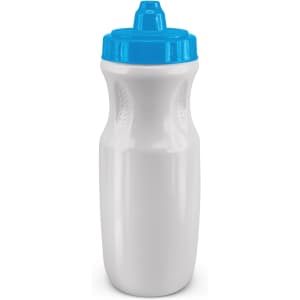 A drink bottle in white with a blue lid and a textured grip, featuring a branded logo.