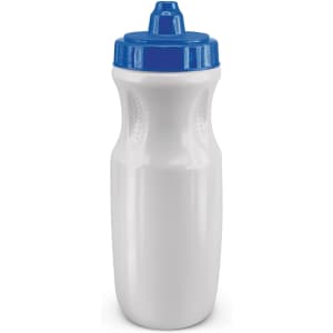 A drink bottle in white with a blue lid, featuring a textured grip and a visible logo.