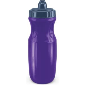 A drink bottle in vibrant purple with a dark blue lid and a logo on the front.