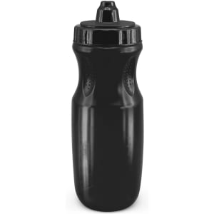 A drink bottle in a sleek black design with a secure twist cap and textured grip areas for easy handling.
