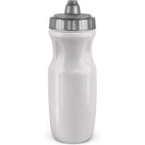 A drink bottle with a sleek white body and a gray twist-off lid, featuring a textured grip.