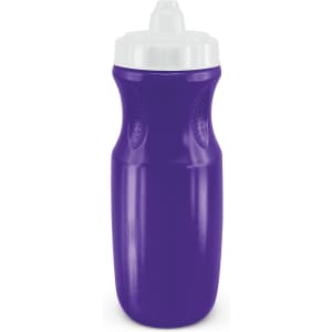 A drink bottle in a vibrant purple colour with a white lid and a textured grip for easy handling. It features a logo.