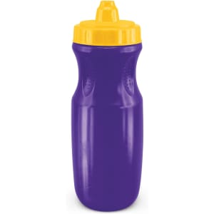 A drink bottle in purple with a yellow lid, featuring a curved design and a logo.