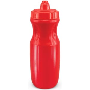 A drink bottle in a vibrant red color with a sports cap and ergonomic design, suitable for easy grip and use.