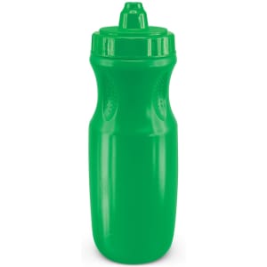 A drink bottle in bright green with a textured grip and a sports cap. Features a logo on the side.