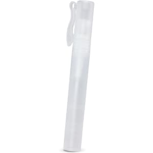 A clear hand sanitiser stick with a clip attached, featuring a smooth, cylindrical design.