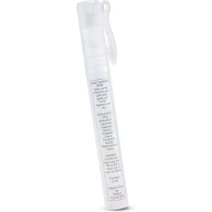 A hand sanitiser stick in a clear container with a white cap, featuring an ingredient list on the side.