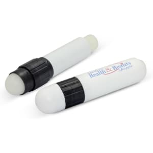 Two white lip balm tubes with black twist caps, featuring a logo on one of the tubes.