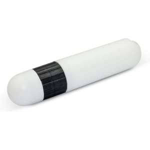 A lip balm tube with a white body and a black twist base.