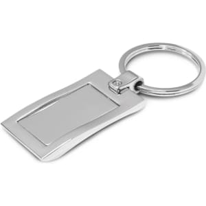 A Wave Metal Key Ring with a sleek silver finish and a rectangular attachment area for customization.