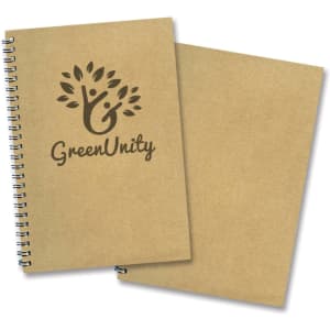 A medium Kraft notepad with a spiral binding, featuring a logo on the front cover and a natural brown colour.