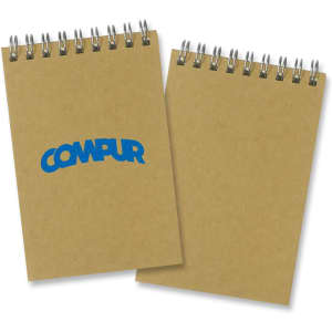 A small kraft note pad with spiral binding, featuring a blue logo on the front.