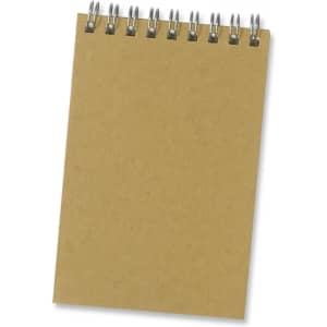 A small, brown Kraft notepad with a spiral binding at the top and blank pages.