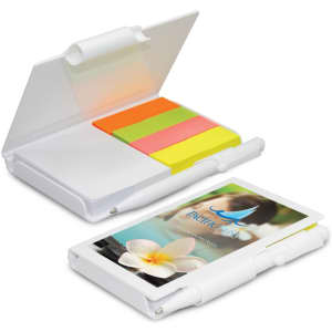 A white "Flag Pad" with multi-coloured sticky flags and a notepad. Features a logo on the cover.