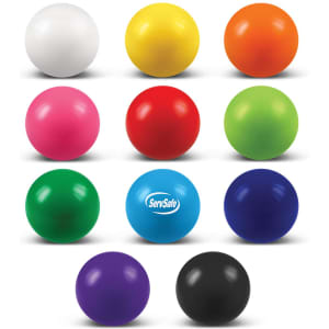 A collection of twelve colourful stress balls in white, orange, pink, green, blue, black, purple, and more, featuring a logo.