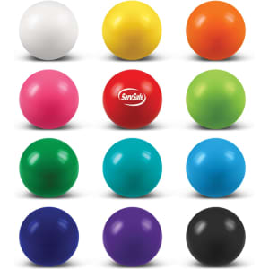 A collection of colourful stress balls in various shades including white, yellow, orange, pink, green, teal, blue, purple, and black.