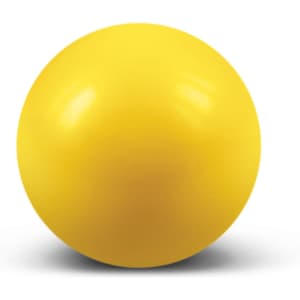 A yellow stress ball, round and smooth, designed for fun and stress relief.