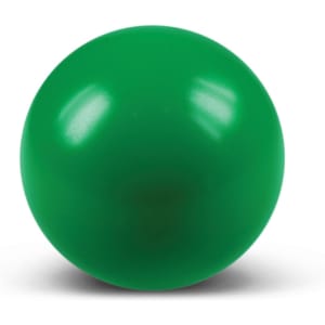 A green stress ball in a round shape, designed for squeezing and stress relief.
