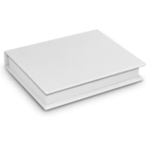 A silver hard cover notebook with sticky notes and flags inside. The product has a sleek, modern design.