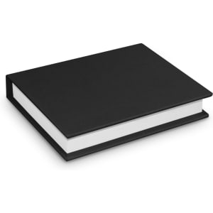A black hard cover notebook with a plain white spine visible. The notebook lies flat, showcasing its sleek design.